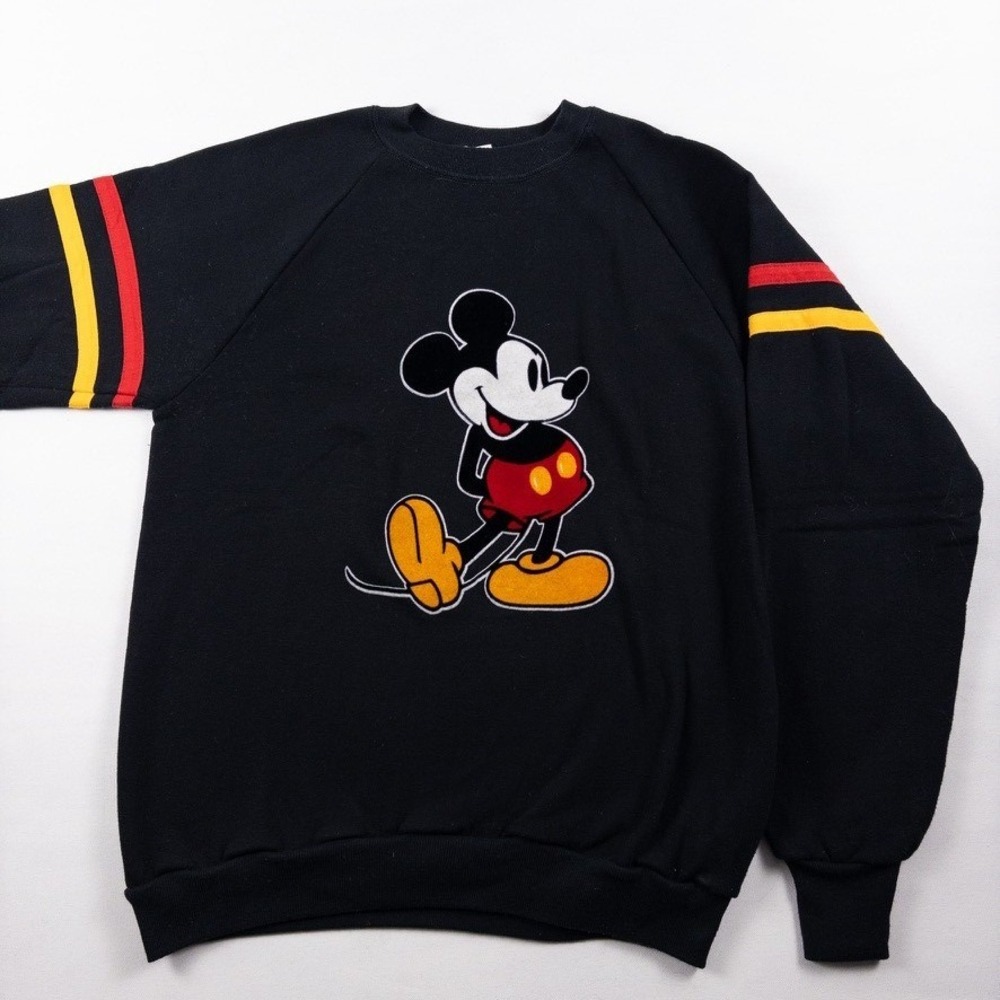 Vintage Disney Mickey Sweatshirt Large Black 80s Felt Collegiate USA Striped